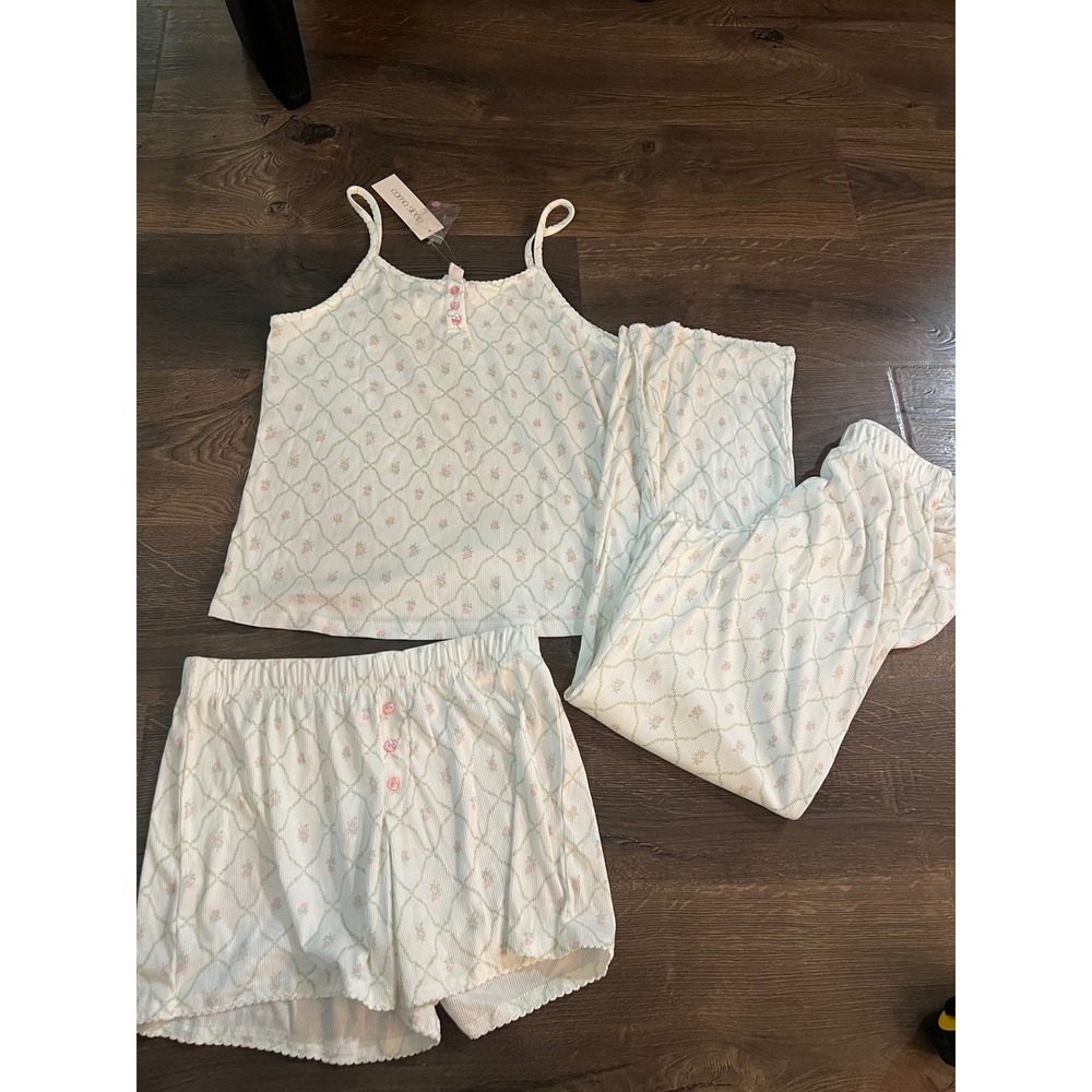 Como Sleep Women 3 Piece Pajama Set Floral Ribbed Cami Shorts Pants White Small